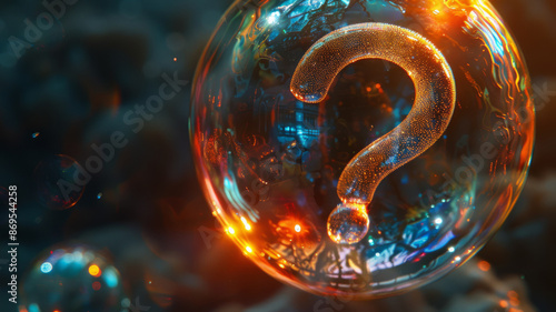 A glowing question mark inside a sparkling bubble.