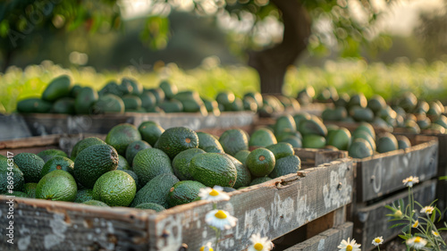 Crates filled with fresh avocados in a farm orchard.