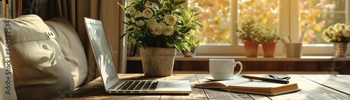 A serene study area with a laptop, notebooks, and a cup of coffee, perfect for online learning and homework, calm and focused ambiance