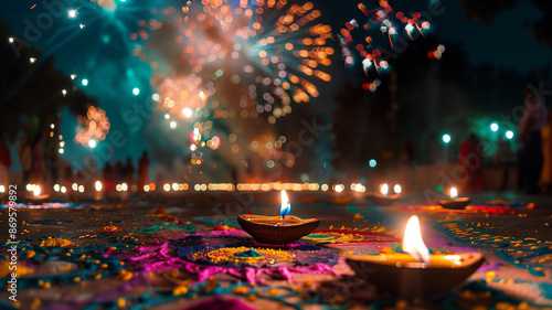 Diwali Celebration. An outdoor scene of Diwali night with colorful fireworks, lit diyas, and rangoli patterns