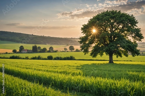 countryside landscape, tree standing in the field.