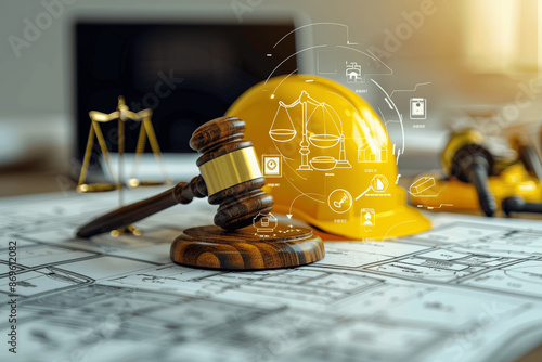 Construction and Labor Law: Gavel, Safety Helmet, Building Blueprint, Courtroom Symbol, Energy Industry Equipment, Business Standards, ISO Certification