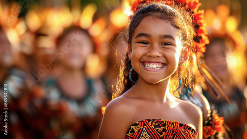 Joyful Polynesian Girl Smiling During Traditional Cultural Festival 