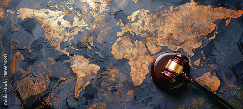 A close-up of a wooden gavel resting on a vintage world map, symbolizing the global impact of law and justice