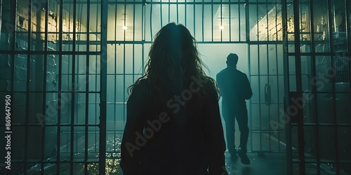 A woman in a prison cell, as a man enters against a somber backdrop of regret. Concept Prison, Regret, Sadness, Incarceration, Relationship Conflict