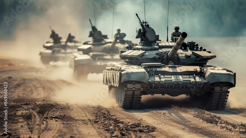 Military tanks on the move. Powerful image of military tanks advancing on a dusty battlefield, showcasing the strength and might of the armed forces.