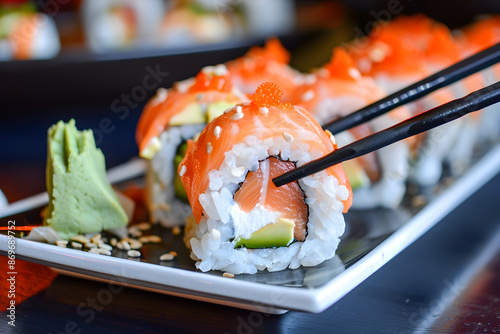 A close-up of sushi rolls with fresh fish, avocado, and rice, arranged neatly on a plate with a pair of chopsticks, against a blurred Japanese restaurant background