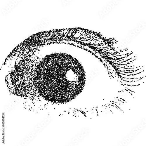 Scared eye with halftone stipple effect, for grunge punk y2k collage design. Vector illustration in vintage photocopy style for gothic surreal poster or banner.