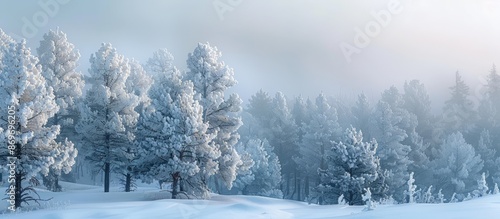 A frosty mist envelops a panoramic view of white pine trees covered in hoarfrost amid snowy drifts, creating a serene atmosphere in the copy space image.