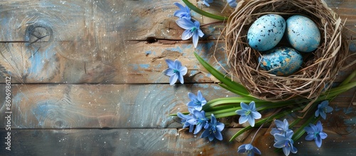 Easter card with blue scilla flowers, eggs on rustic background for copy space image.