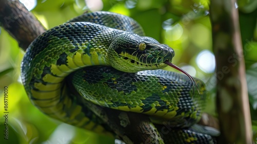 menacing green anaconda coiled around a tree branch in a lush tropical rainforest scales glisten in filtered sunlight yellow eyes fixed on unseen prey tongue flicking