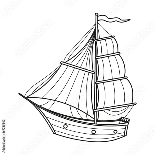 Sailboat Vector illustration. Linear Drawing of sailing ship for Baby coloring books. Sketch of Boat or Yacht for childish design in nautical style. Line art of Sailer on isolated background.