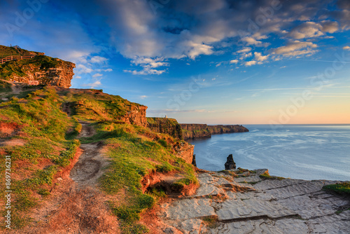 Beautiful sunset over the Cliffs of Moher in County Clare, Ireland.