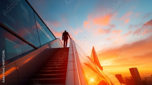 Silhouette of a person on escalator against a vibrant sunrise cityscape. Concept of journey, advancement and ambition.