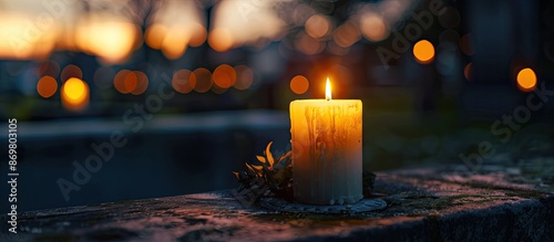 A candle is lit and positioned at the tomb near an apartment during a visit to a deceased relative's grave, with focused blur. Ideal for copy space images.