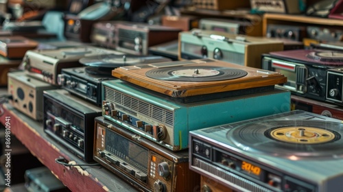 Vintage audio equipment collection. A nostalgic image of a collection of vintage audio equipment, including turntables, receivers, and speakers, showcasing the technology of a bygone era.