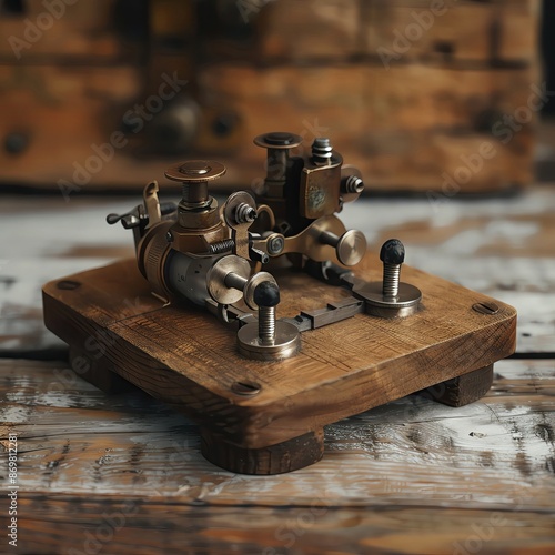 Vintage telegraph key on a wooden surface, showcasing antique communication technology and intricate mechanical design.