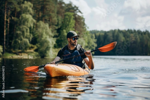 Handsome man kayaking on a calm lake, with a simple forest background, dressed in outdoor adventure gear, showcasing the thrill of water sports 