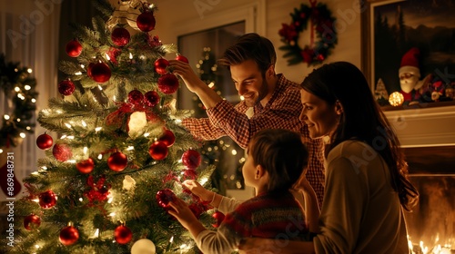 A happy family decorates the Christmas tree together on the eve of the holidays