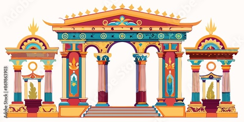 An elaborately decorated fa?ade with ornate columns, arches, and statues, isolated on pure white background., architecture, columns, baroque, statues