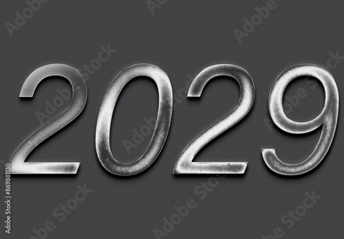 Chrome metal 3D number design of 2029 on grey background.