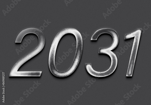 Chrome metal 3D number design of 2031 on grey background.