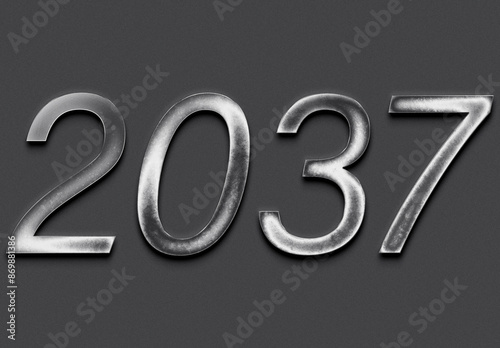 Chrome metal 3D number design of 2037 on grey background.