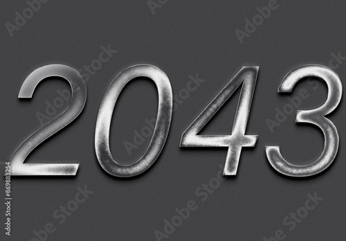 Chrome metal 3D number design of 2043 on grey background.