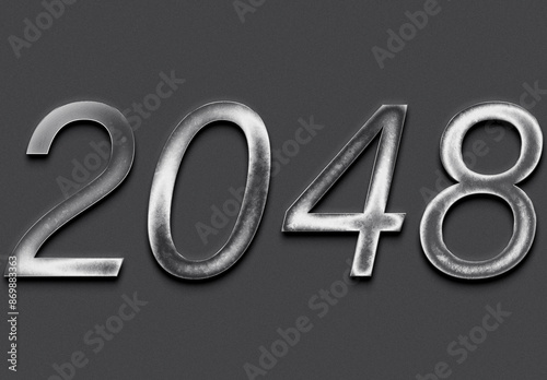 Chrome metal 3D number design of 2048 on grey background.