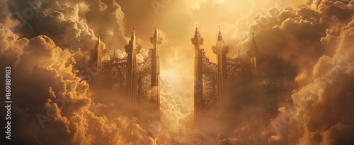 Magnificent golden gates open amidst the clouds, radiating bright light as if leading to paradise. Heavenly Golden Gates