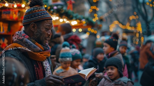 The reader reads multicultural holiday stories to a group of children at the Christmas market, around festive lights and decorations.