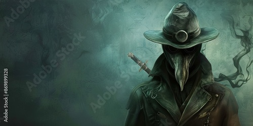 Plague doctor in black cloak and mask