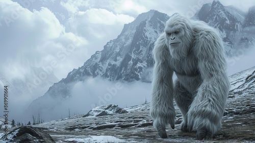 Yeti - abominable snowman in winter mountain scene with copy space