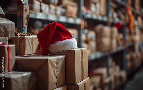 A red Santa hat sits atop a stack of brown cardboard boxes, likely filled with Christmas presents, in a warehouse setting