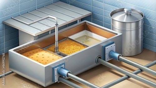 Grease Trap. Illustration inside the grease trap it is working for causes the fat mixed in water to float a storage tank for make easy to get rid of..