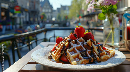 Belgium waffles with chocolate sauce and strawberries with Brussels City in the background