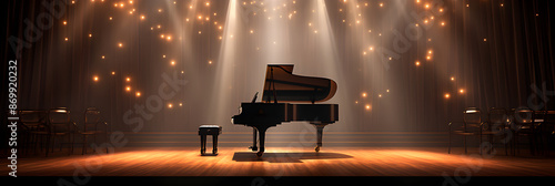 Grand Piano Spotlighted on Concert Hall Stage Awaiting Acoustic Performance.