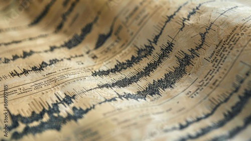 Close-up of seismic graphs on paper, displaying earthquake activity