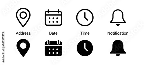 Address location icon. Notification bell icon. Stopwatch timer icon. Date Calendar icon - Web icons set