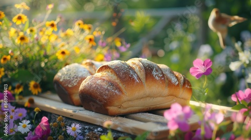 Golden loaves of bread cooling on a wooden rack outside surrounded by blooming flowers and chirping birds.