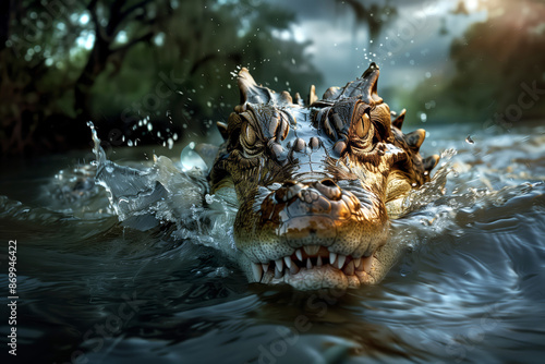 Fierce crocodile swimming in water. Intense and dramatic close-up of predator.