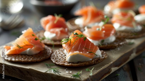 A platter of buckwheat blinis topped with smoked salmon and a dollop of sour cream for a decadent appetizer.