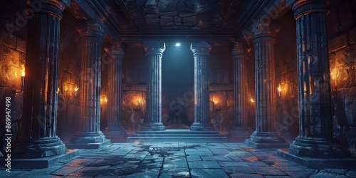 An eerie ancient underground temple with towering pillars and glowing torches lighting the dim space.