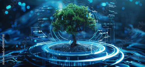 Futuristic digital environment showcasing a tree with technology interface