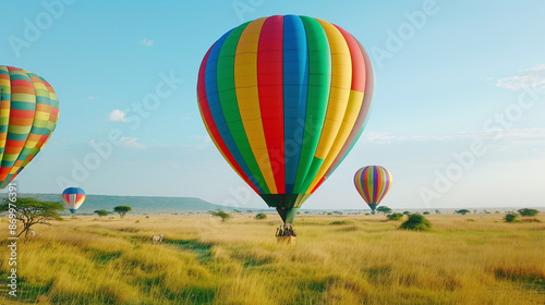 colorful aerostatic balloon walk in an african park