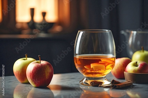 Calvados: A glass of Calvados with an apple slice garnish.