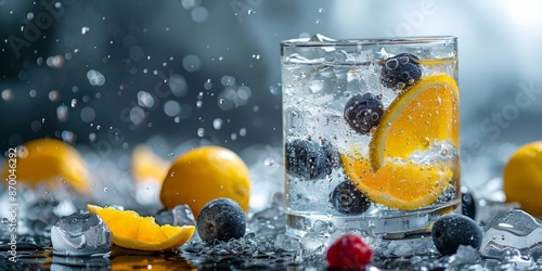 A refreshing glass of citrus and berry sparkling water with ice cubes, surrounded by fresh blueberries and lemon slices, with water splashes creating a dynamic, invigorating scene