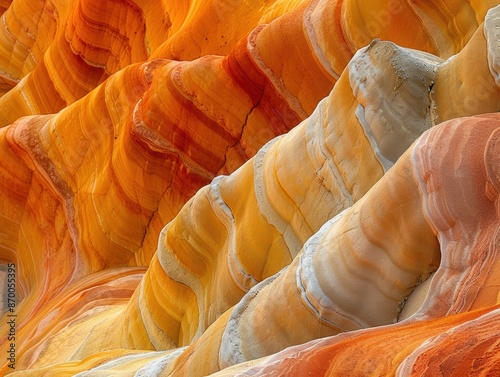 Striking layers of vibrant orange and yellow rock formations showing natural erosion patterns in a breathtaking cliffside landscape