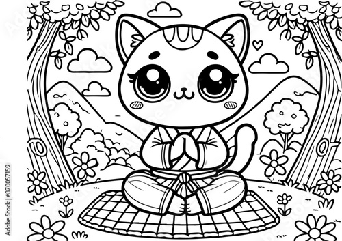 Chat ou chaton qui médite dessin kawaii au trait pour page et ou livre de coloriage pour enfant, adulte, trait noir vecteur totalement isolé du fond pour conception personnalisée 