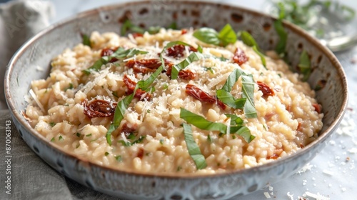 A creamy buckwheat risotto cooked with chicken broth and topped with sundried tomatoes and parmesan cheese.